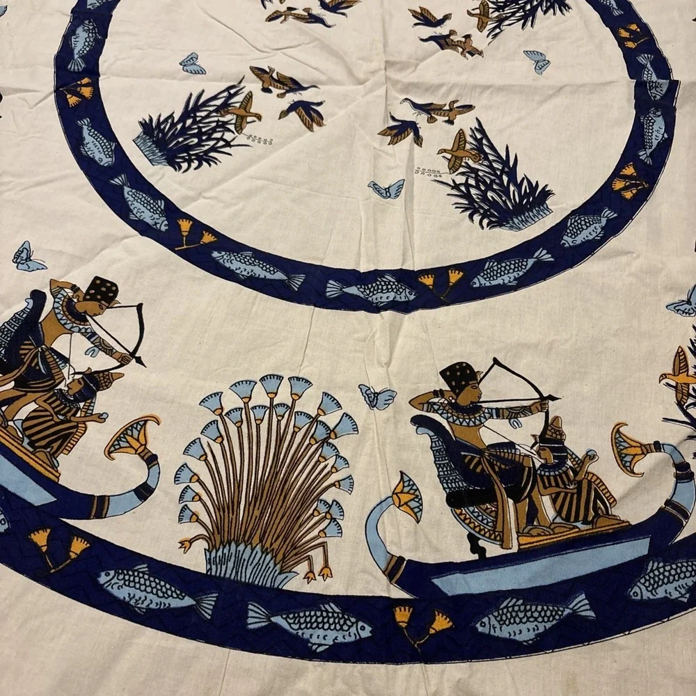 Vintage MCM Tessilca Hieroglyphics Roundish Oblong Cotton‎ Tablecloth 62